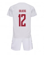 Dánsko Kasper Dolberg #12 Venkovní dres pro děti MS 2022 Krátký Rukáv (+ trenýrky)